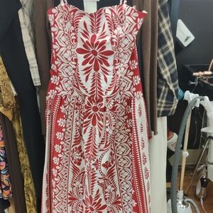 Francesca's Collections Red and White Strapless Floral Midi Dress